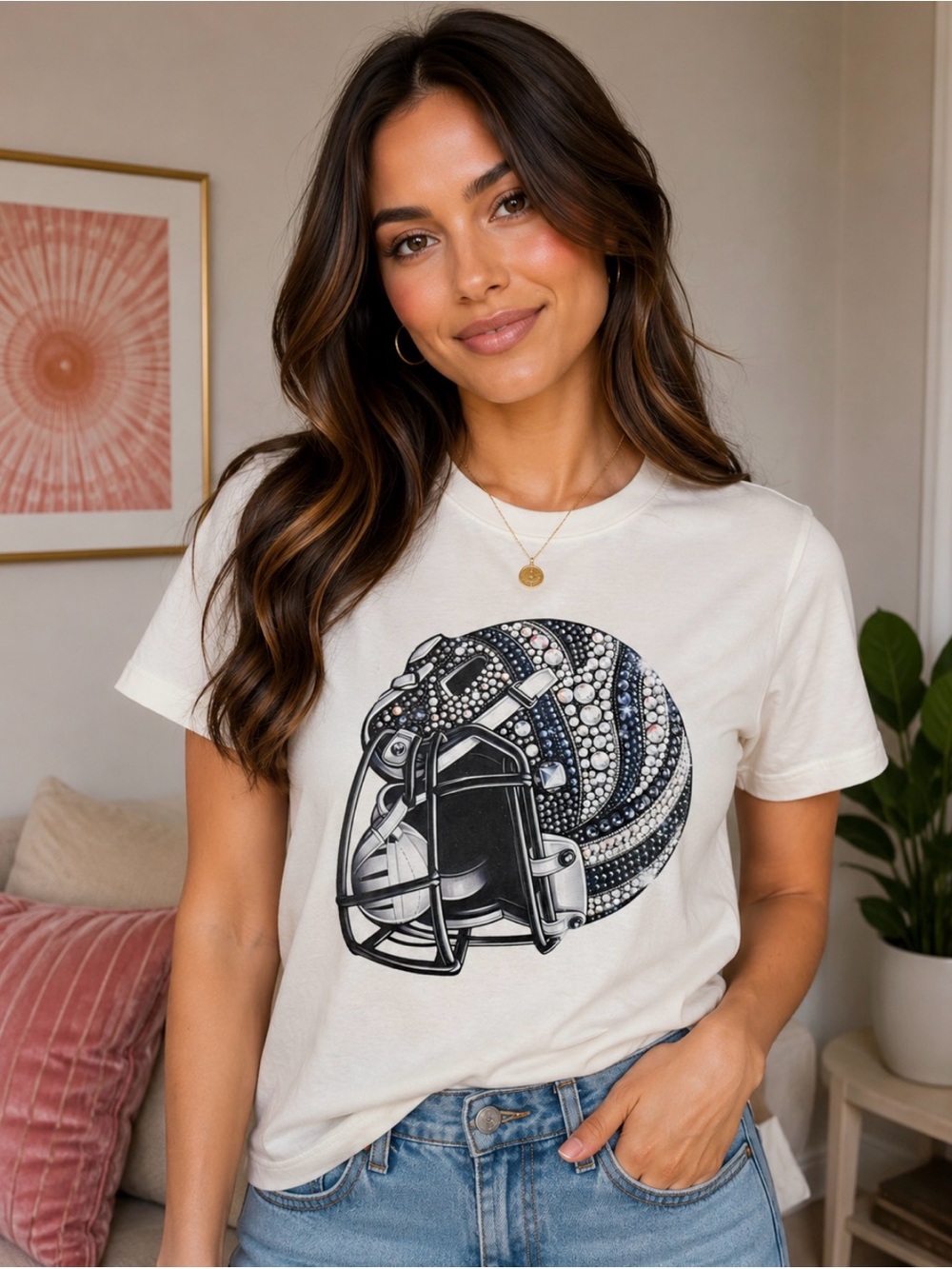 Embellished Football Helmet Graphic Tee - White